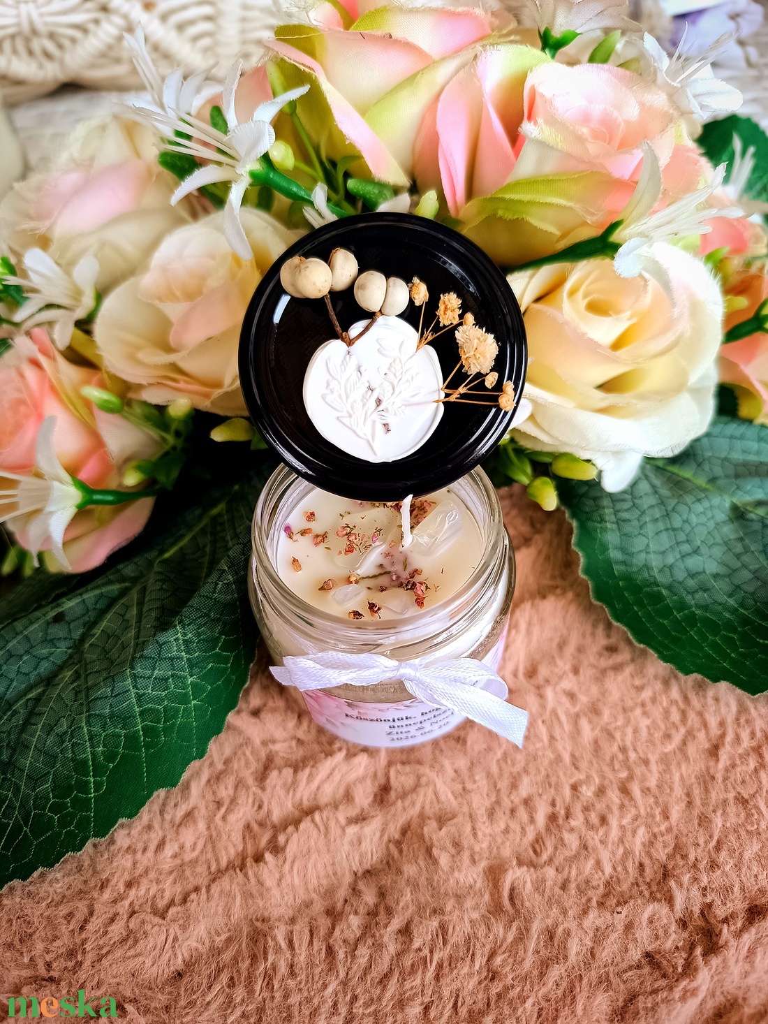 Eküvői köszönő ajándék vendégeknek feliratos ásvány gyertya fehér - esküvő - emlék & ajándék - köszönőajándék - Meska.hu