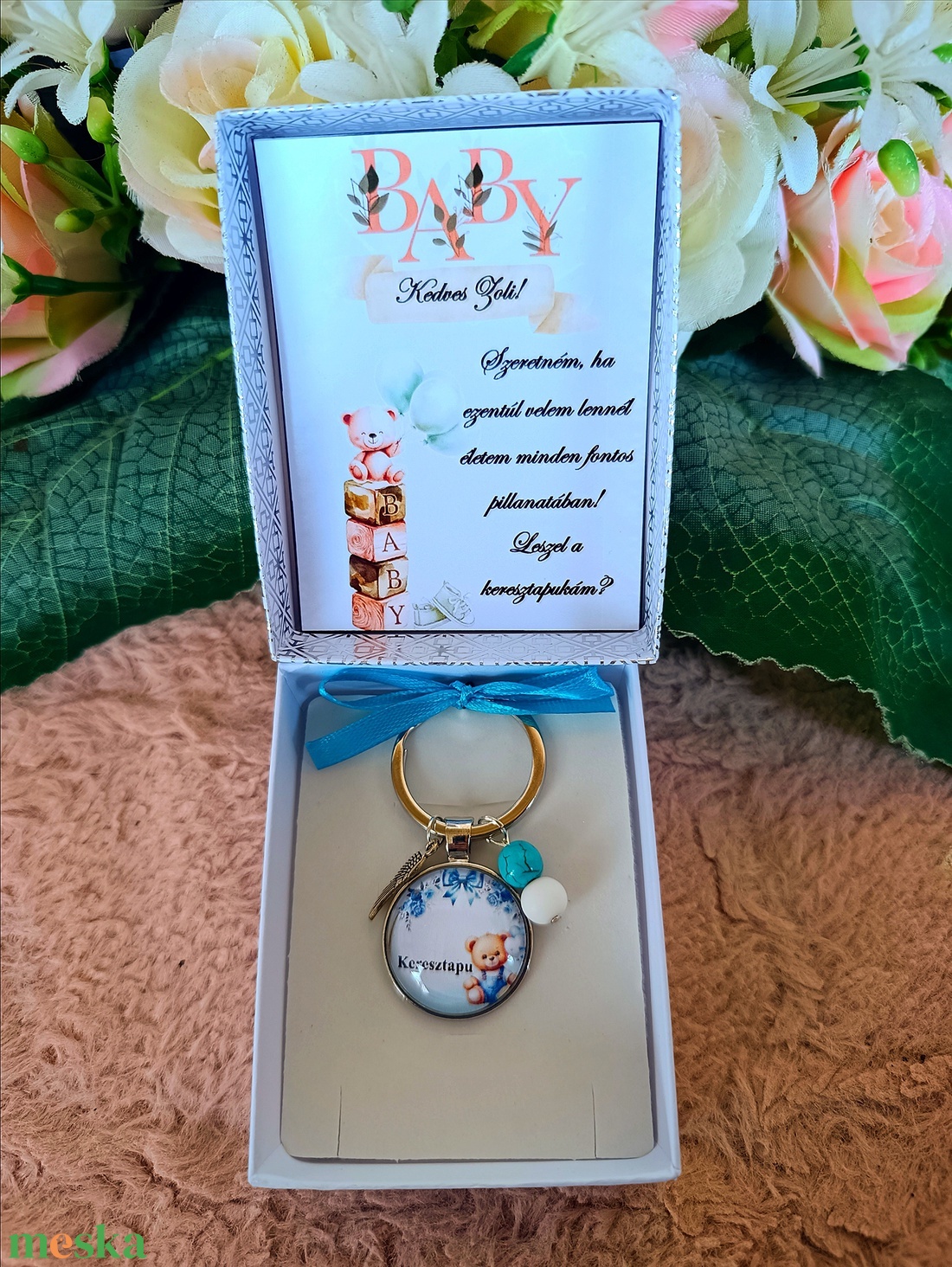Keresztapa felkérő kulcstartó macis - baba - mama - keresztelő kellékek - keresztszülő felkérő - Meska.hu