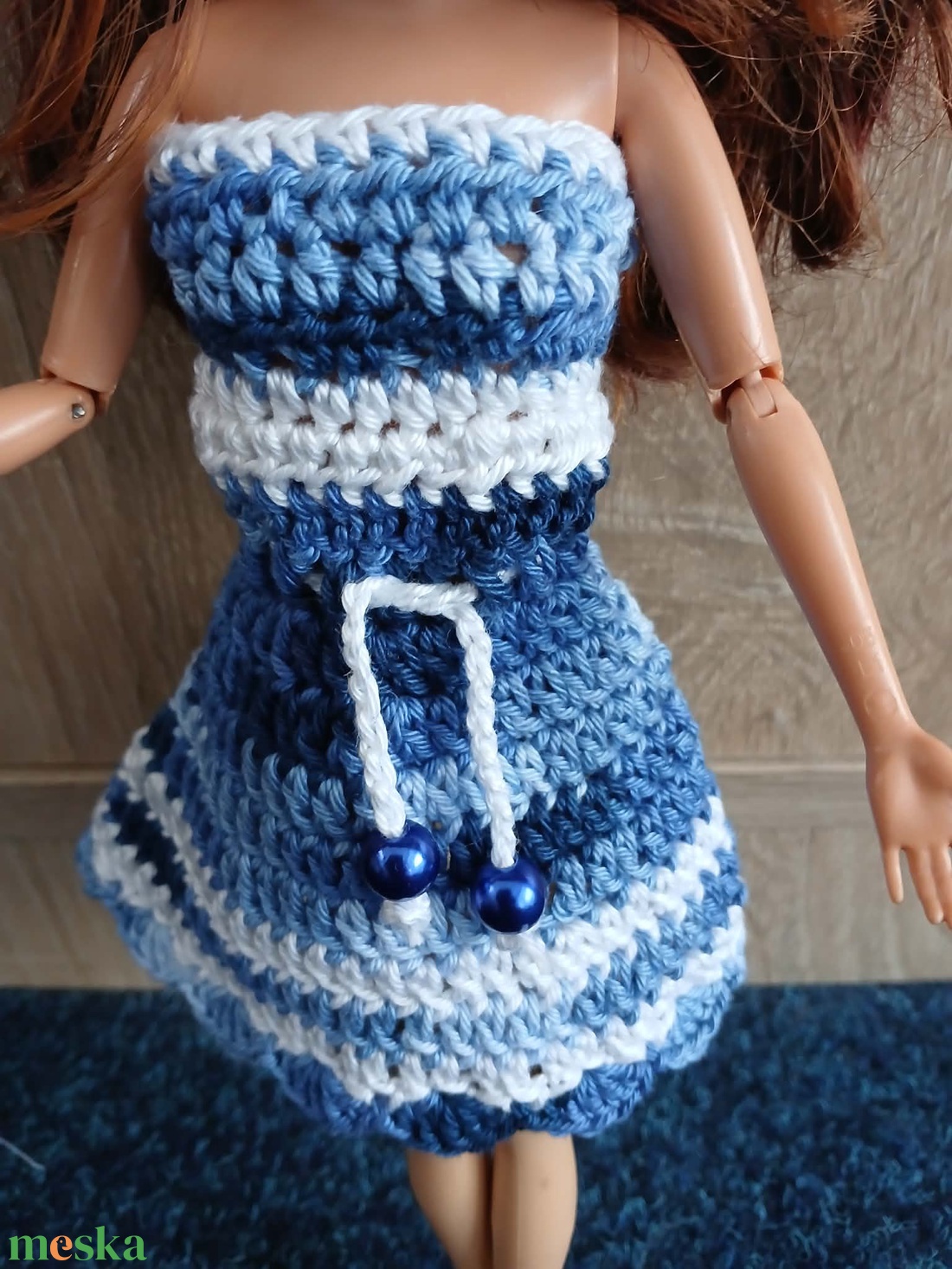 Barbie babára horgolt kék fehér színátmenetes ruha.  - játék & sport - baba & babaház - barbie ruhák - Meska.hu