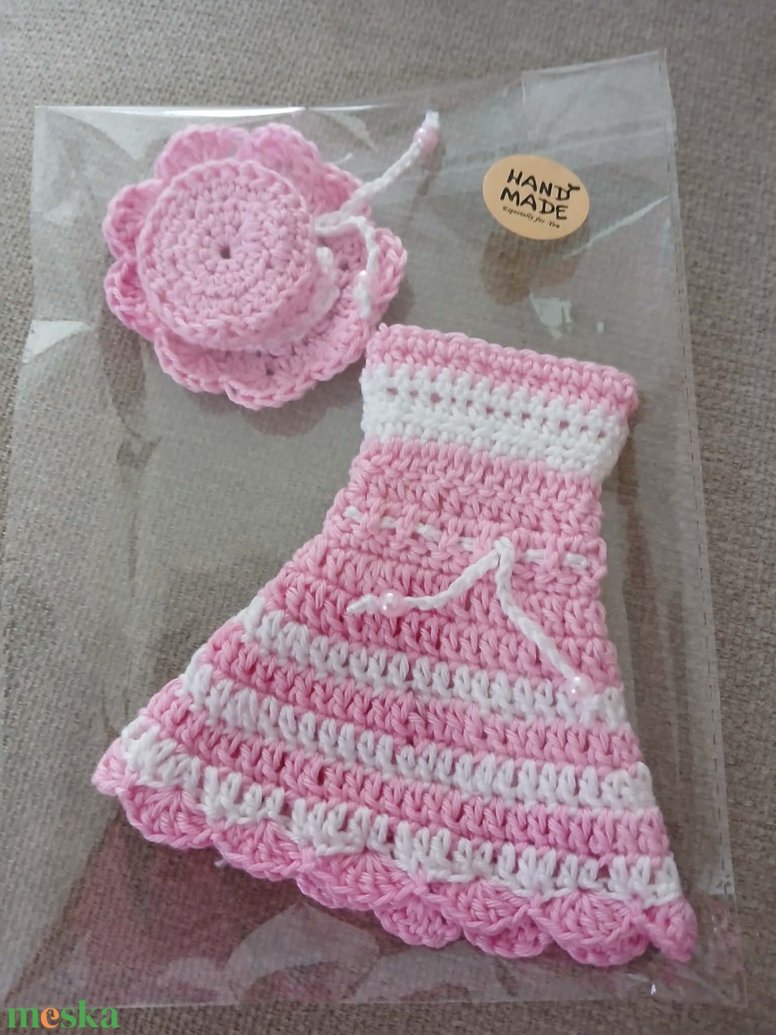 Barbie babára horgolt rózsaszín fehér ruha kalappal.  - játék & sport - baba & babaház - barbie ruhák - Meska.hu