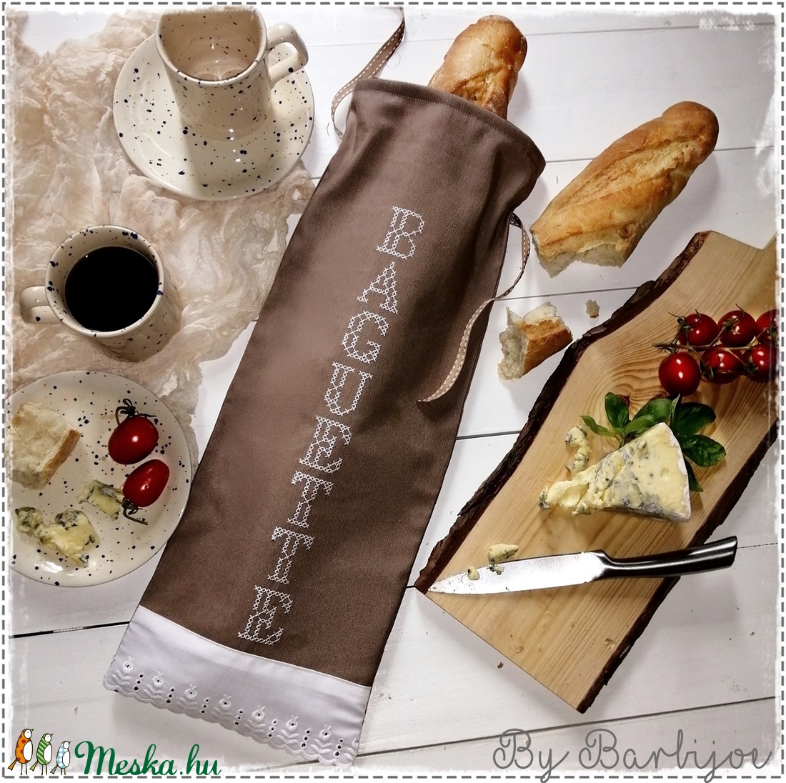 Baguette, frissen tartó, kétrétegű kenyereszsák, keresztszemes hímzéssel és csipkével - táska & tok - bevásárlás & shopper táska - kenyeres zsák - Meska.hu