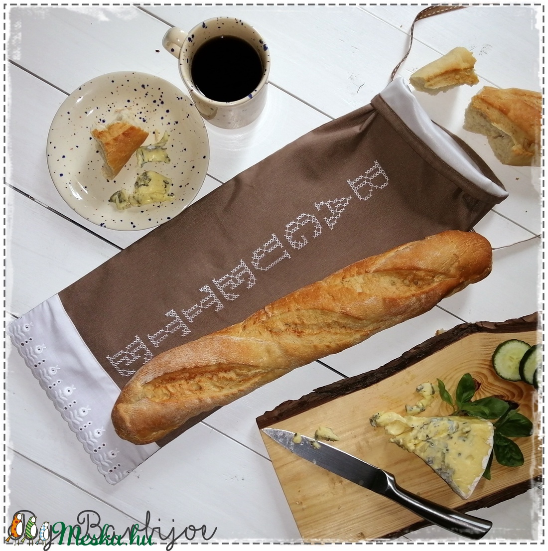 Baguette, frissen tartó, kétrétegű kenyereszsák, keresztszemes hímzéssel és csipkével - táska & tok - bevásárlás & shopper táska - kenyeres zsák - Meska.hu