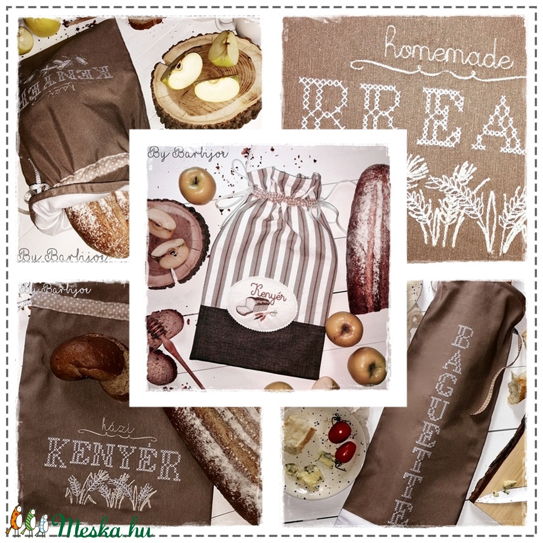 Baguette, frissen tartó, kétrétegű kenyereszsák, keresztszemes hímzéssel és csipkével - táska & tok - bevásárlás & shopper táska - kenyeres zsák - Meska.hu
