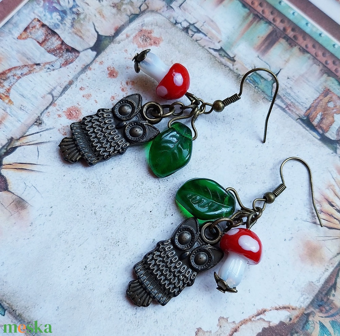 Erdei Séta - bronz fülbevaló baglyokkal - ékszer - fülbevaló - lógó fülbevaló - Meska.hu