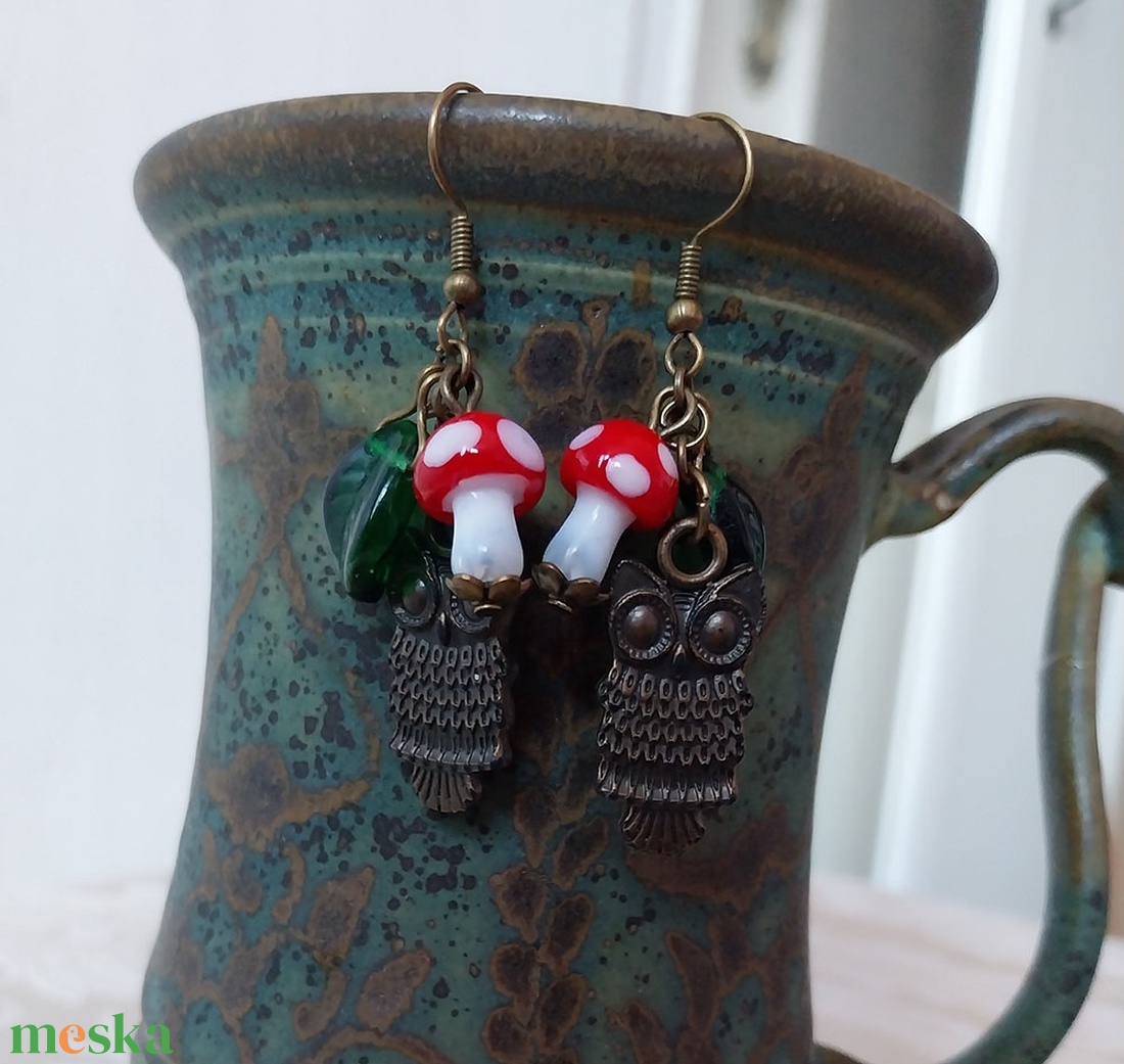 Erdei Séta - bronz fülbevaló baglyokkal - ékszer - fülbevaló - lógó fülbevaló - Meska.hu