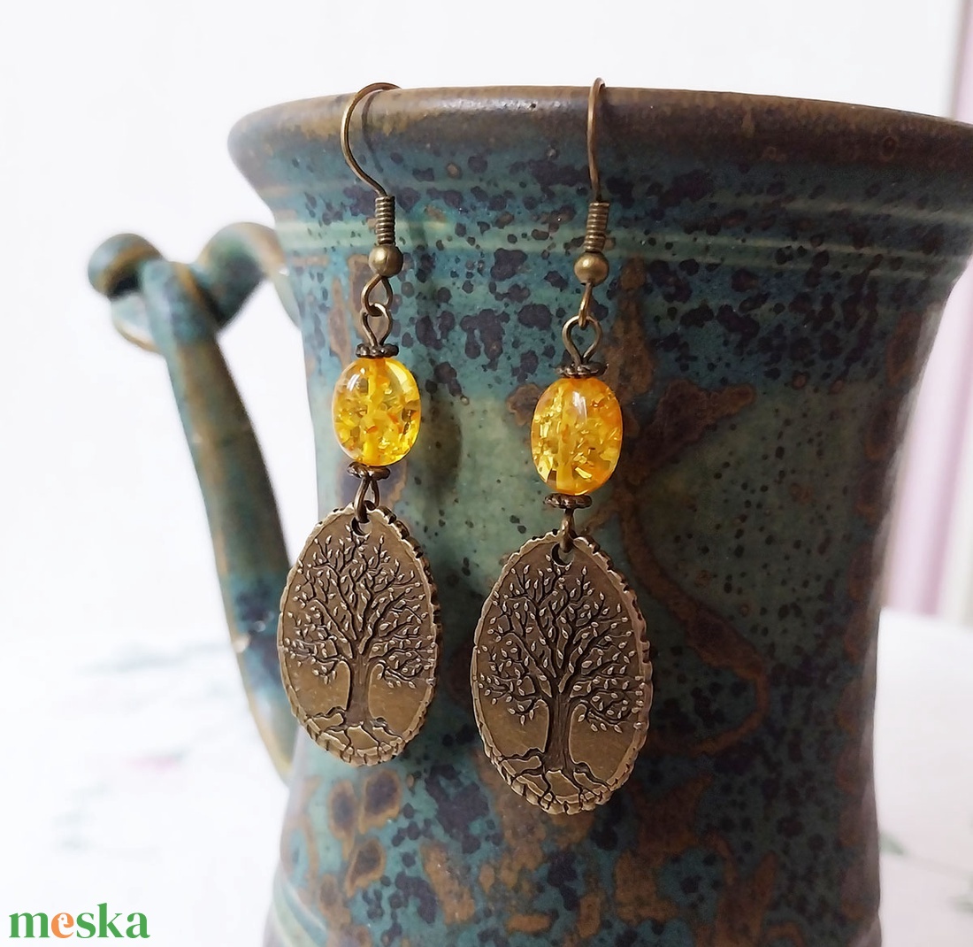 Öreg Tölgy - borostyános fülbevaló - ékszer - fülbevaló - lógó fülbevaló - Meska.hu