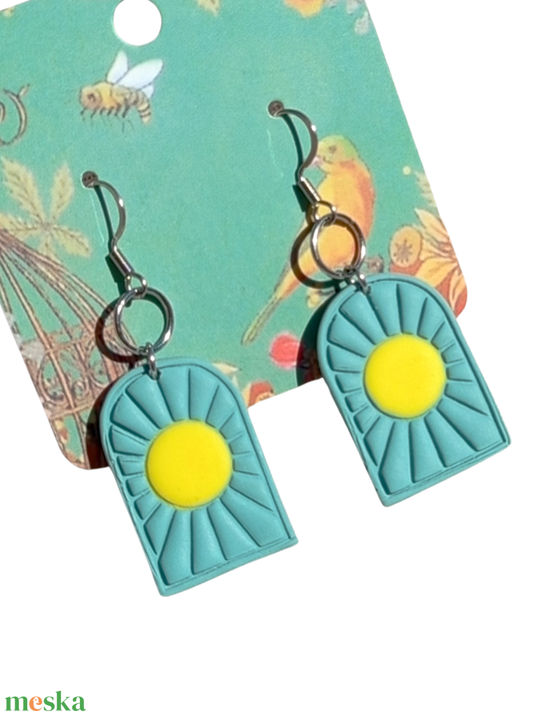 Boho sun fülbevaló - kék-sárga - ékszer - fülbevaló - lógó fülbevaló - Meska.hu