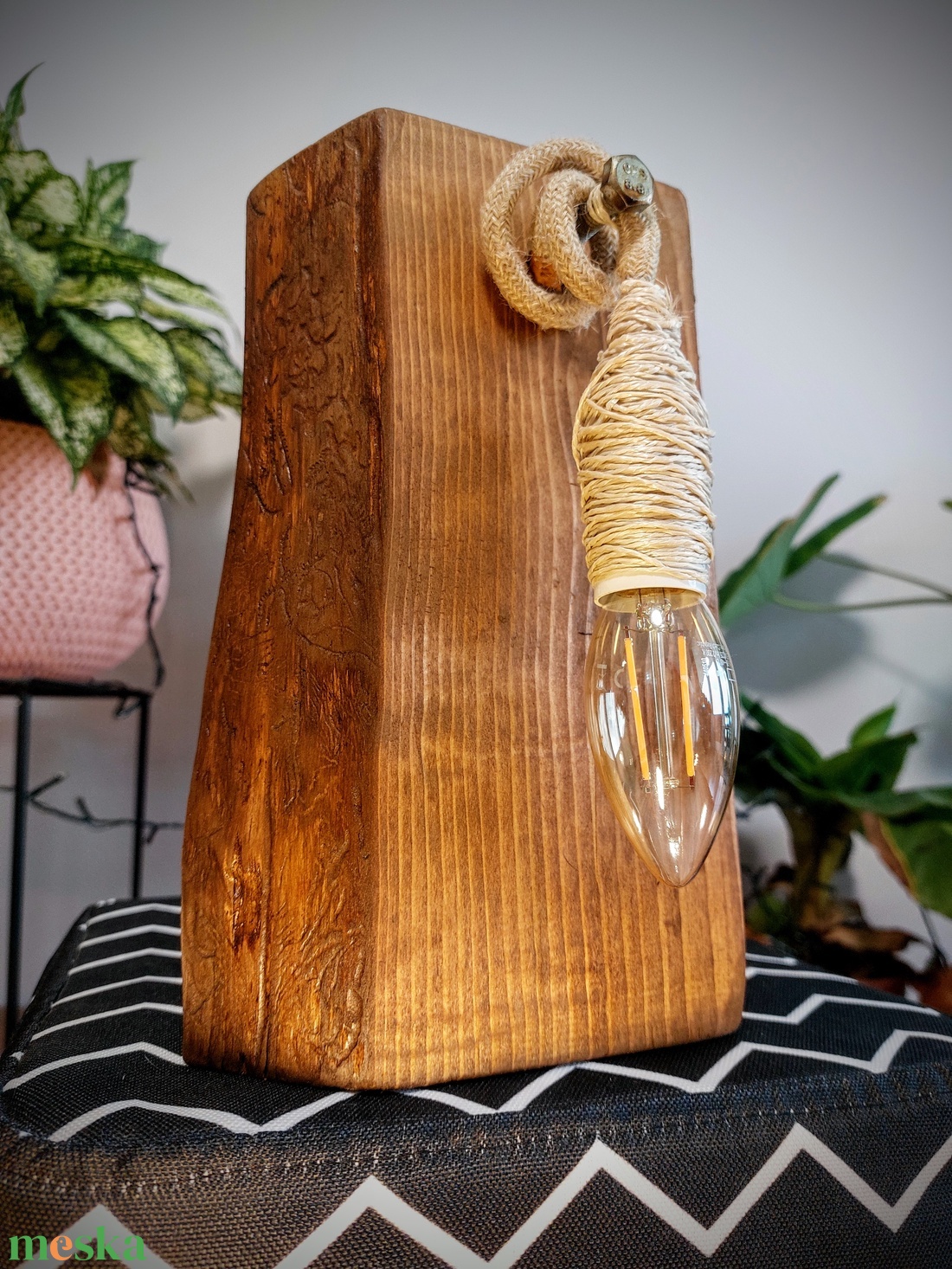 Egyedi kézzel csiszolt vintage stílusú asztali retró lámpa kender vezetékkel - otthon & életmód - lámpa - asztali lámpa - Meska.hu