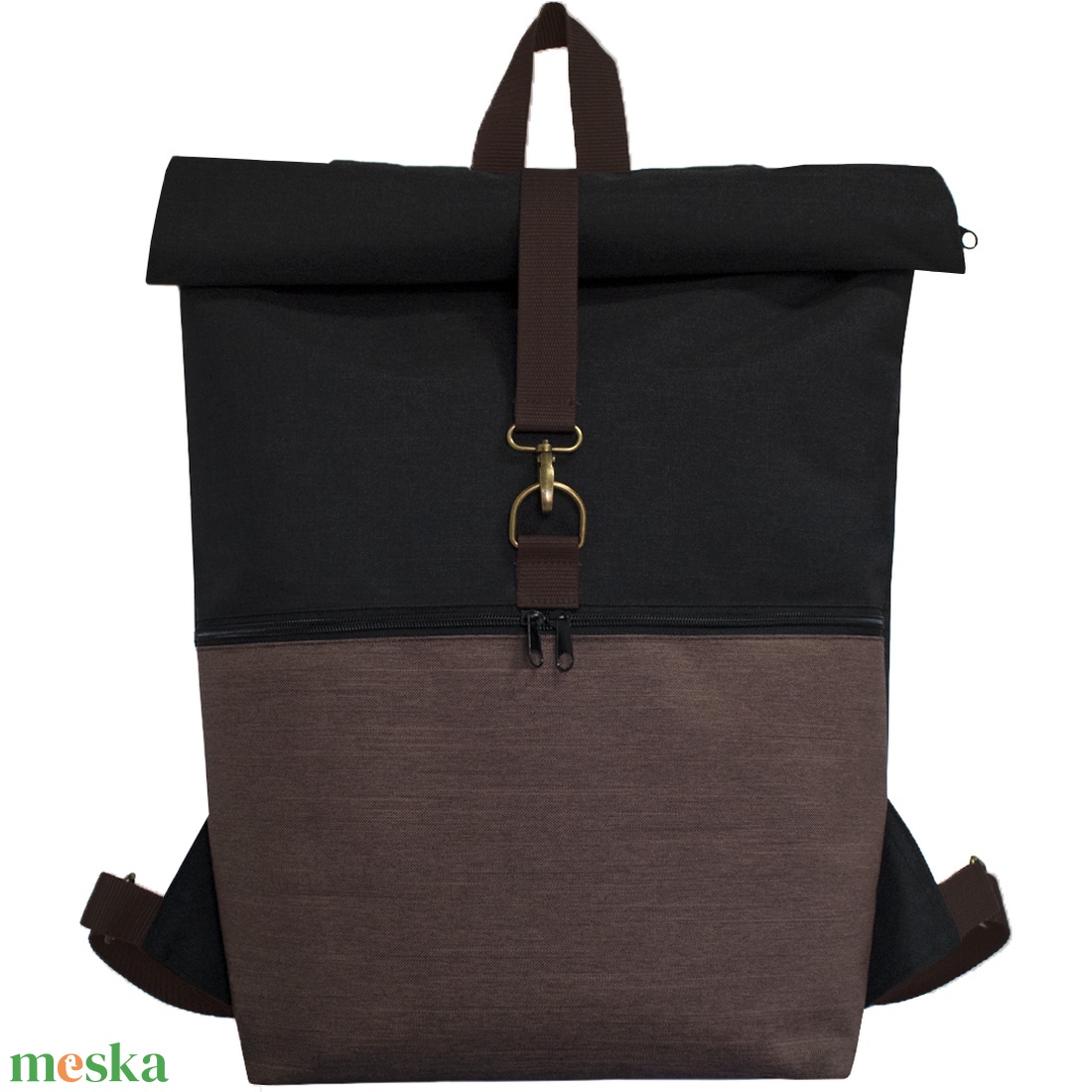 Roll top hátizsák - vízlepergető fekete-barna BASIC (nagy méret) - táska & tok - hátizsák - roll top hátizsák - Meska.hu