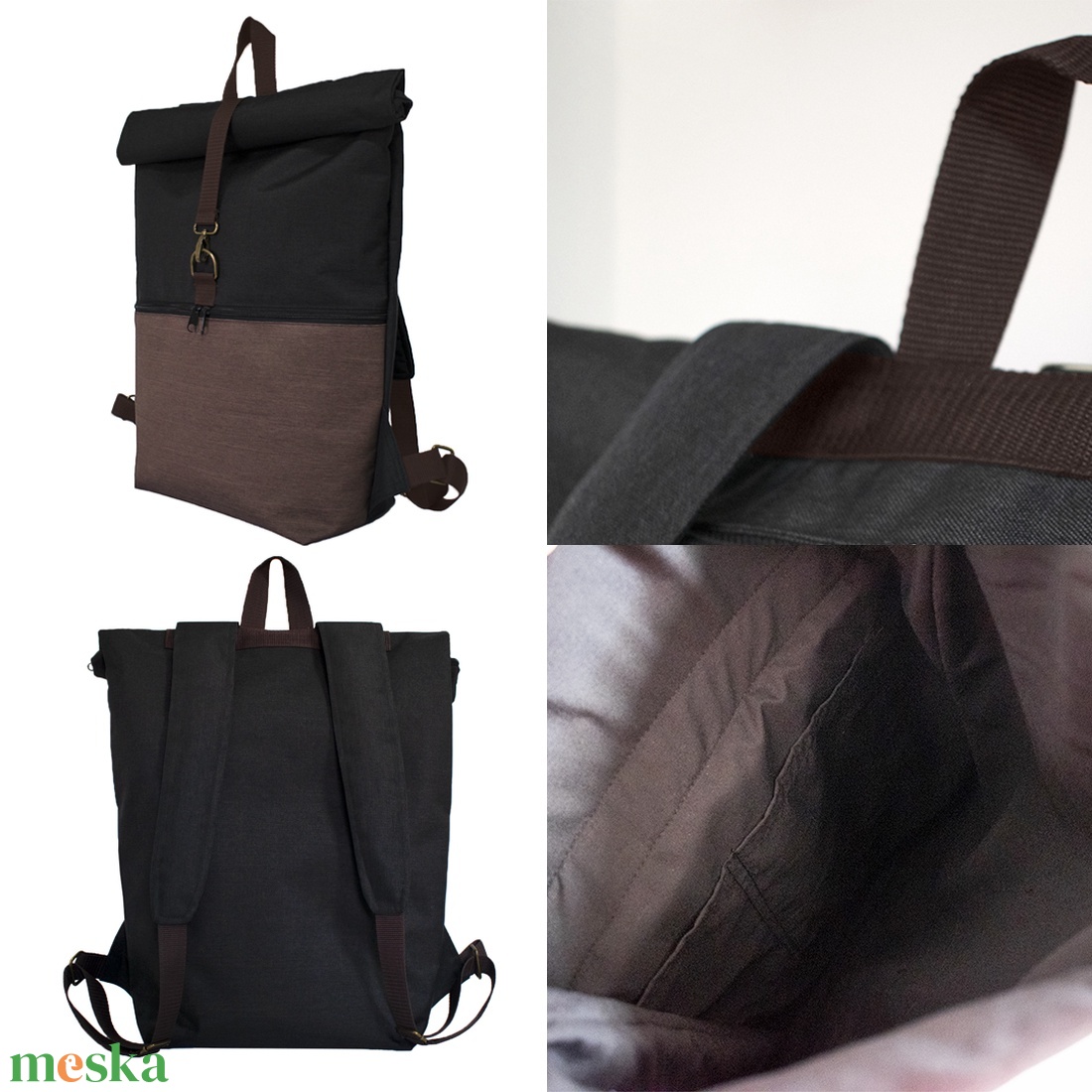 Roll top hátizsák - vízlepergető fekete-barna BASIC (nagy méret) - táska & tok - hátizsák - roll top hátizsák - Meska.hu