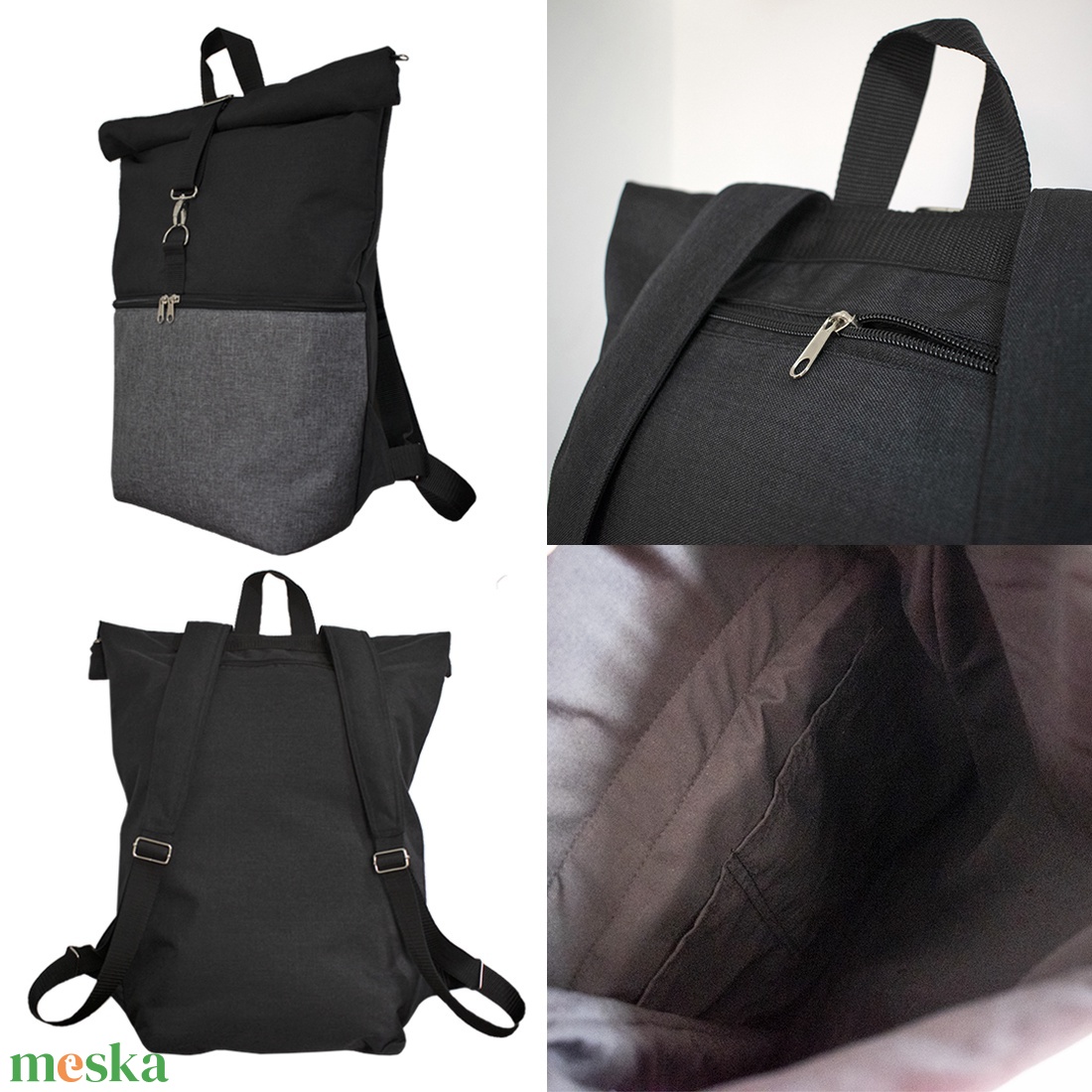 Roll top hátizsák - vízlepergető fekete-szürke BASIC (nagy méret) - táska & tok - hátizsák - roll top hátizsák - Meska.hu