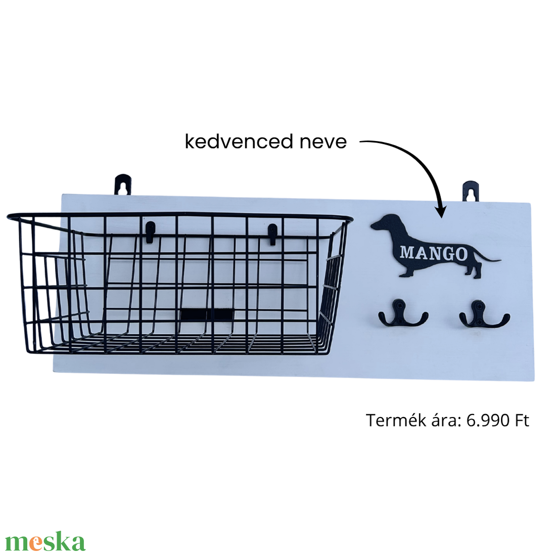 Tacskó mintás fali konzol játéktároló kosárral és póráz akasztóval (névvel kérhető) - otthon & életmód - kisállatoknak - kutyáknak - jutalomfalat tartó - Meska.hu