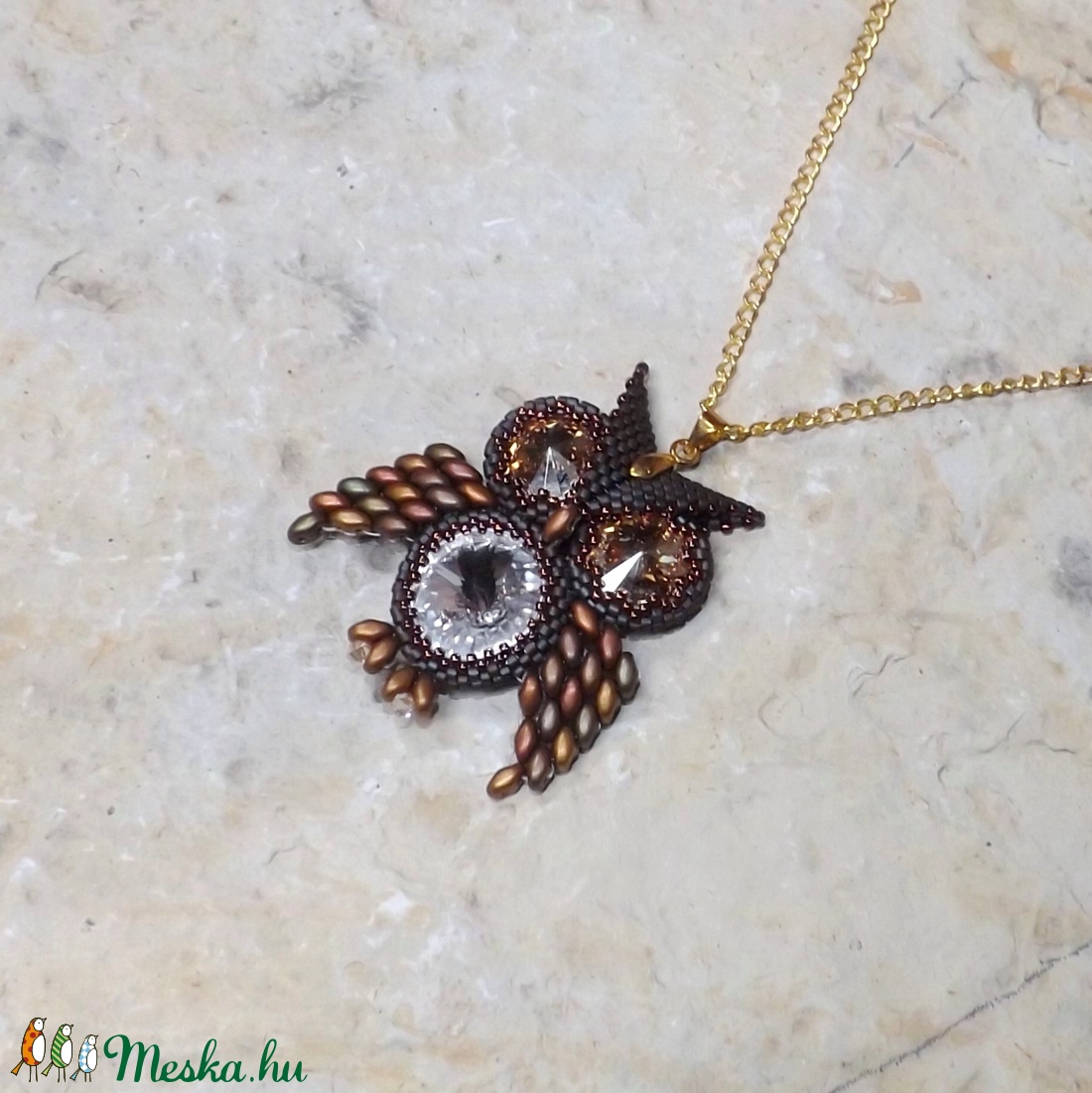 Aranyszemű bagoly ( Gyöngy bagoly medál) - ékszer - nyaklánc - medál - Meska.hu