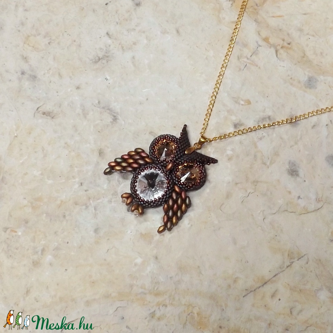 Aranyszemű bagoly ( Gyöngy bagoly medál) - ékszer - nyaklánc - medál - Meska.hu