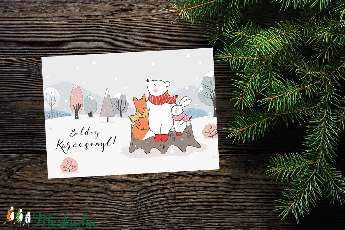 Karácsonyi állatos képeslap - jegesmaci róka és nyuszi társaságában - Boldog Karácsonyt, Kellemes Karácsonyi Ünnepeket! - karácsony - Meska.hu