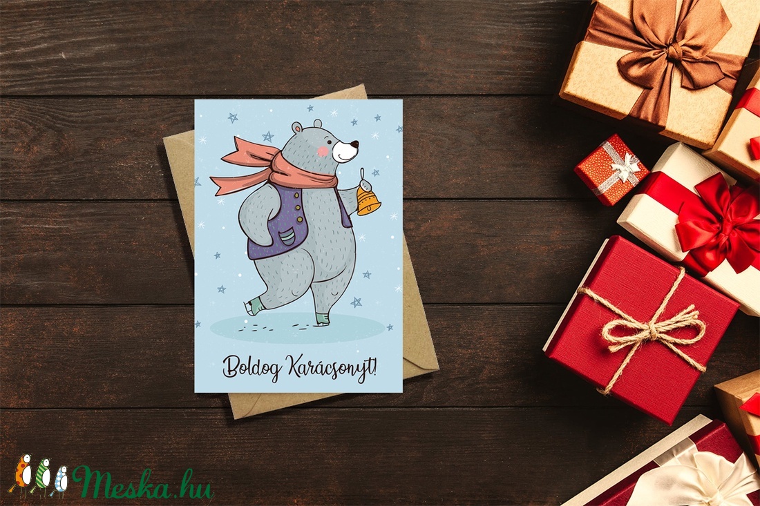 Karácsonyi állatos képeslap - Medve csengettyűvel - Boldog Karácsonyt, Kellemes Karácsonyi Ünnepeket! - karácsony - karácsonyi ajándékozás - karácsonyi képeslap, üdvözlőlap, ajándékkísérő - Meska.hu