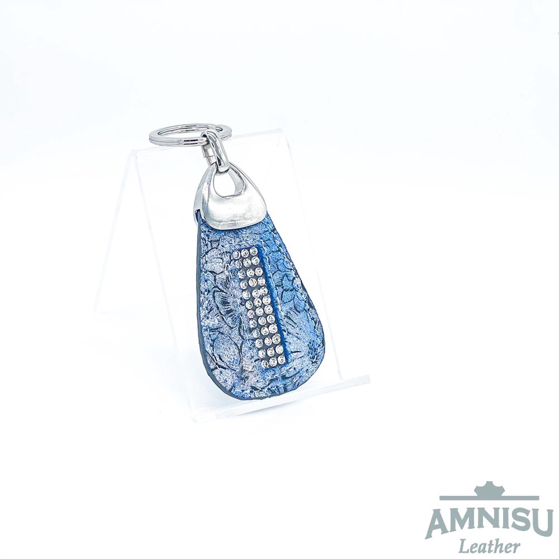 Kék virág mintás csepp alakú swarovski köves bőr kulcstartó H6017 - táska & tok - kulcstartó & táskadísz - kulcstartó - Meska.hu