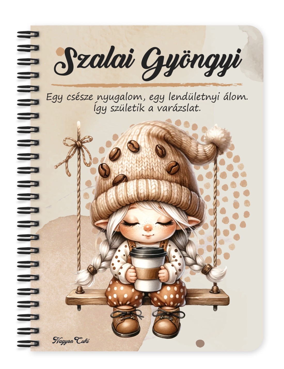 Személyre szabható - Hintázó kávés manó lány mintás A5-ös füzet - otthon & életmód - papír, írószer - jegyzetfüzet & napló - Meska.hu
