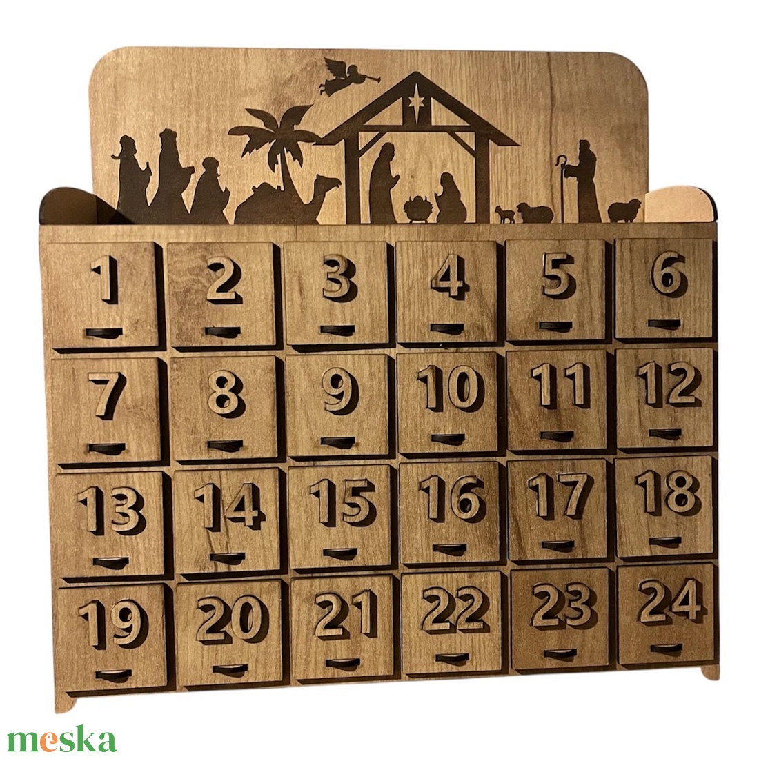Fa adventi naptár  Betlehemes motívummal, tölgy színben - karácsony - karácsonyi lakásdekoráció - ünnepi asztaldekoráció - Meska.hu