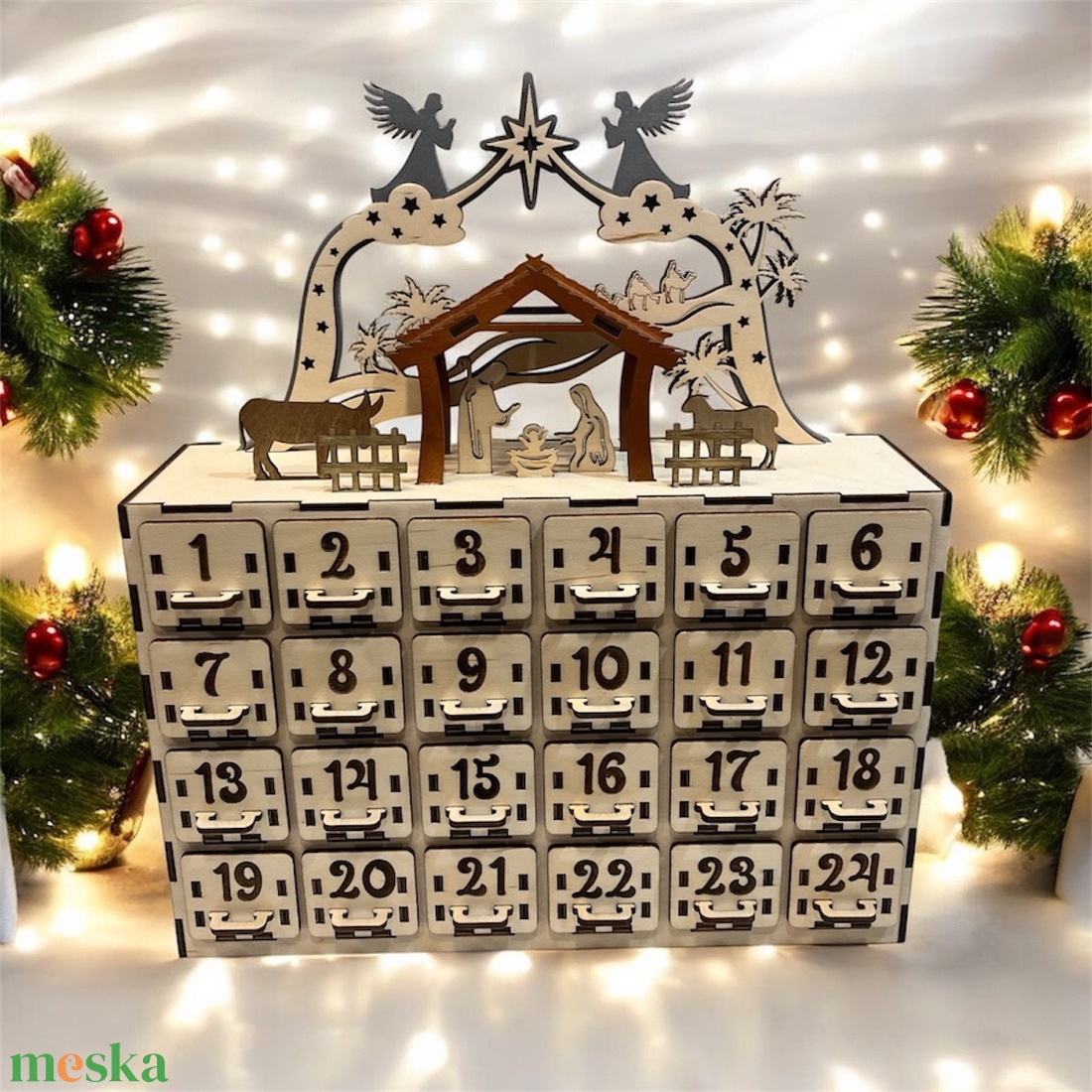 Angyalos Fa Adventi Kalendárium Betlehemes Díszítéssel  24 Fiókos - karácsony - karácsonyi lakásdekoráció - ünnepi asztaldekoráció - Meska.hu