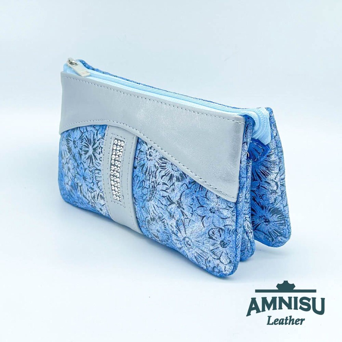 Kék virág mintás - ezüst egyenes kristály köves női pénztárca G6017 - táska & tok - pénztárca & más tok - pénztárca - női pénztárca - Meska.hu
