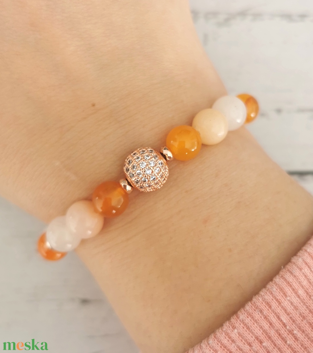Aventurin - narancs achát ásványkarkötő rosegold cirkónia dísszel - ékszer - karkötő - gyöngyös karkötő - Meska.hu Aventurin - narancs achát ásványkarkötő rosegold cirkónia dísszel - ékszer - karkötő - gyöngyös karkötő - Meska.hu