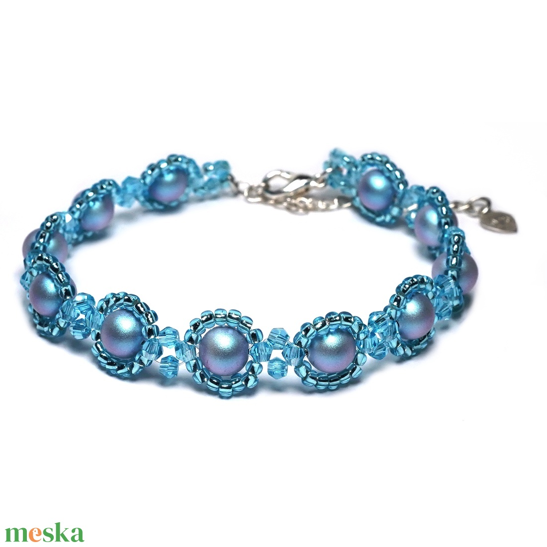Swarovski Iridescent Light Blue Karkötő cseh üveggyöngyökkel, 925 ezüst lánccal - ékszer - karkötő - gyöngyös karkötő - Meska.hu Swarovski Iridescent Light Blue Karkötő cseh üveggyöngyökkel, 925 ezüst lánccal - ékszer - karkötő - gyöngyös karkötő - Meska.hu