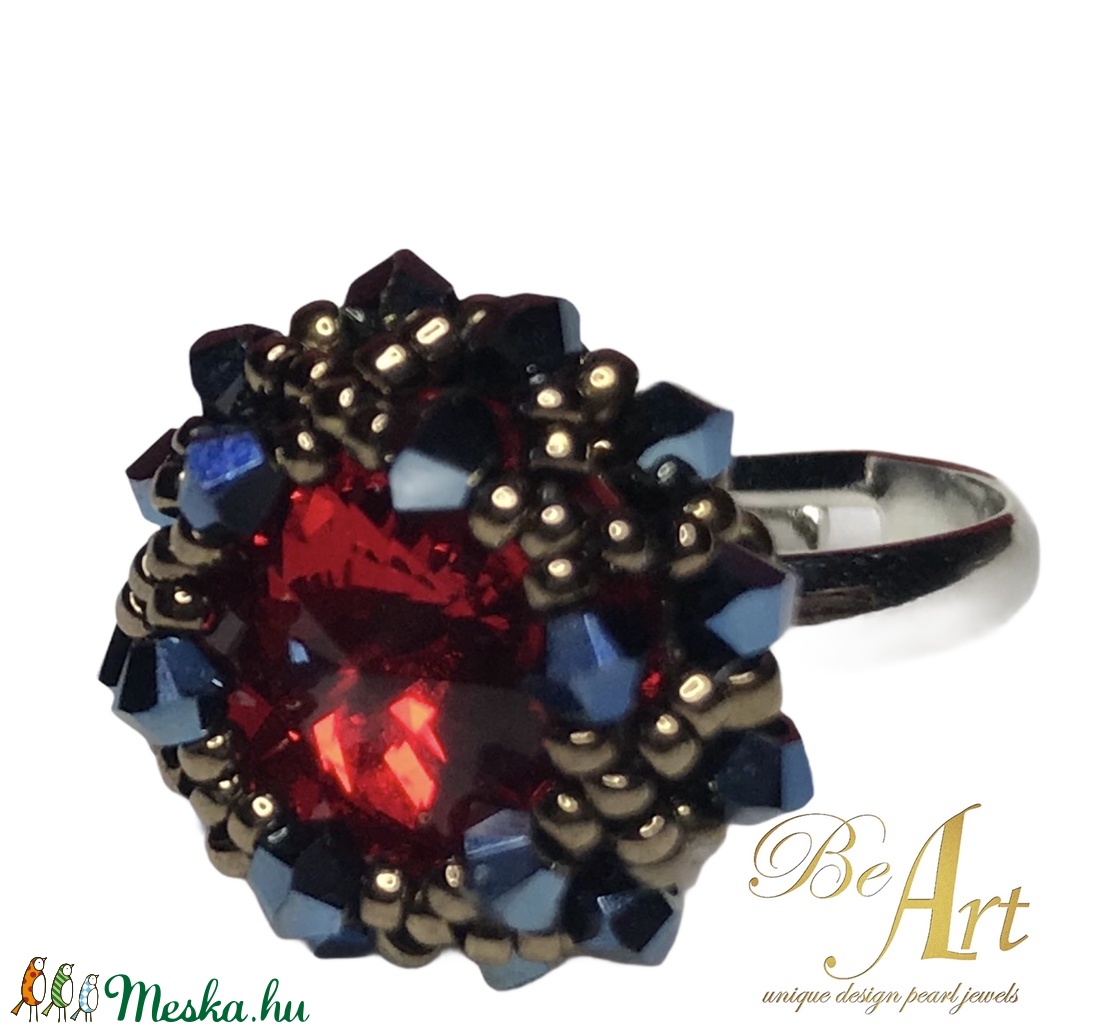 Swarovski gyűrű Piros, Metallic Blue Egyedi nikkelmentes, jegygyűrű - ékszer - gyűrű - többköves gyűrű - Meska.hu