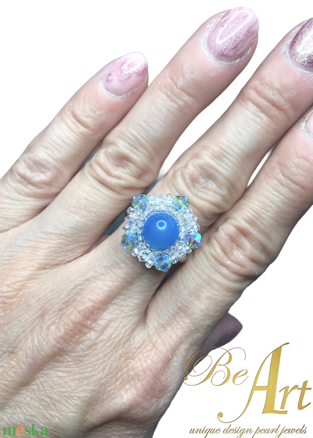 Swarovski gyűrű kék sávos Achát golyóval nikkelmentes - ékszer - gyűrű - gyöngyös gyűrű - Meska.hu