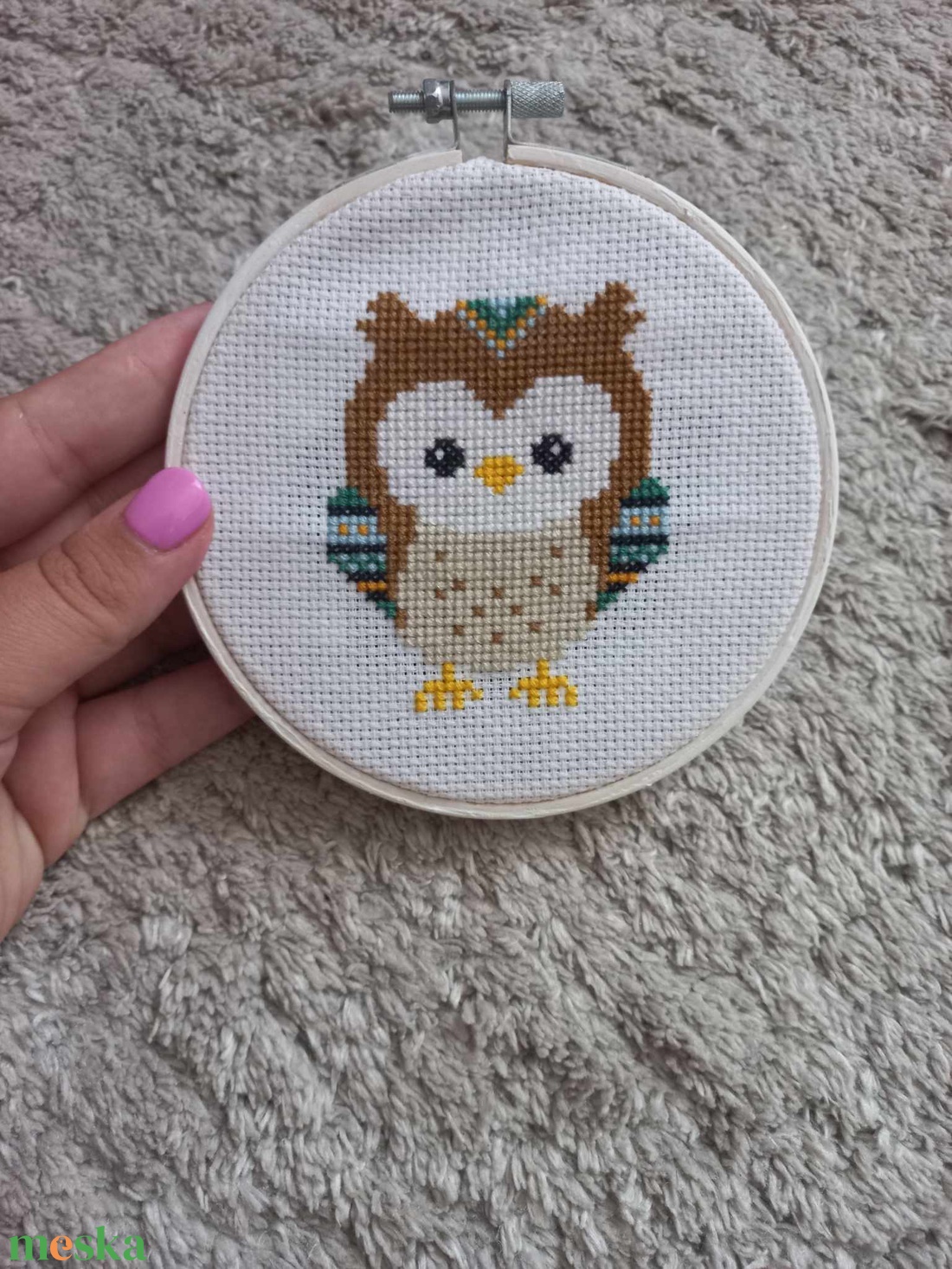 Hímzett bagoly dekoráció - művészet - textilkép - keresztszemes - Meska.hu