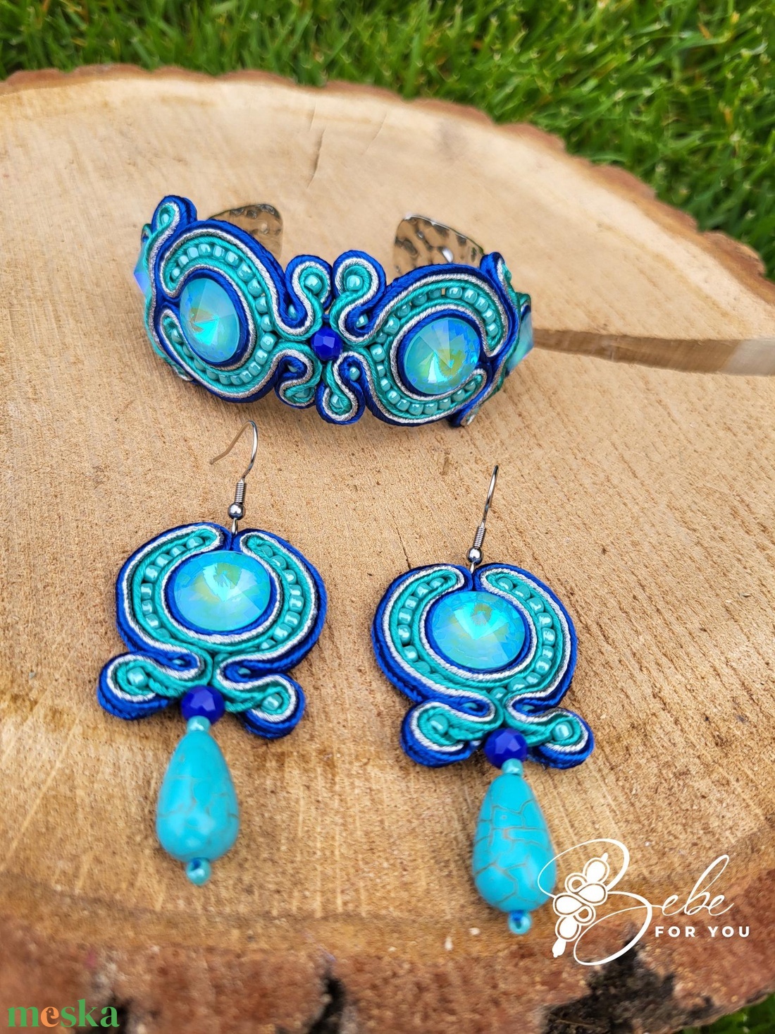 Türkiz- kék- ezüst kézműves sujtás ékszerszett karpereccel - ékszer - ékszerszett - Meska.hu