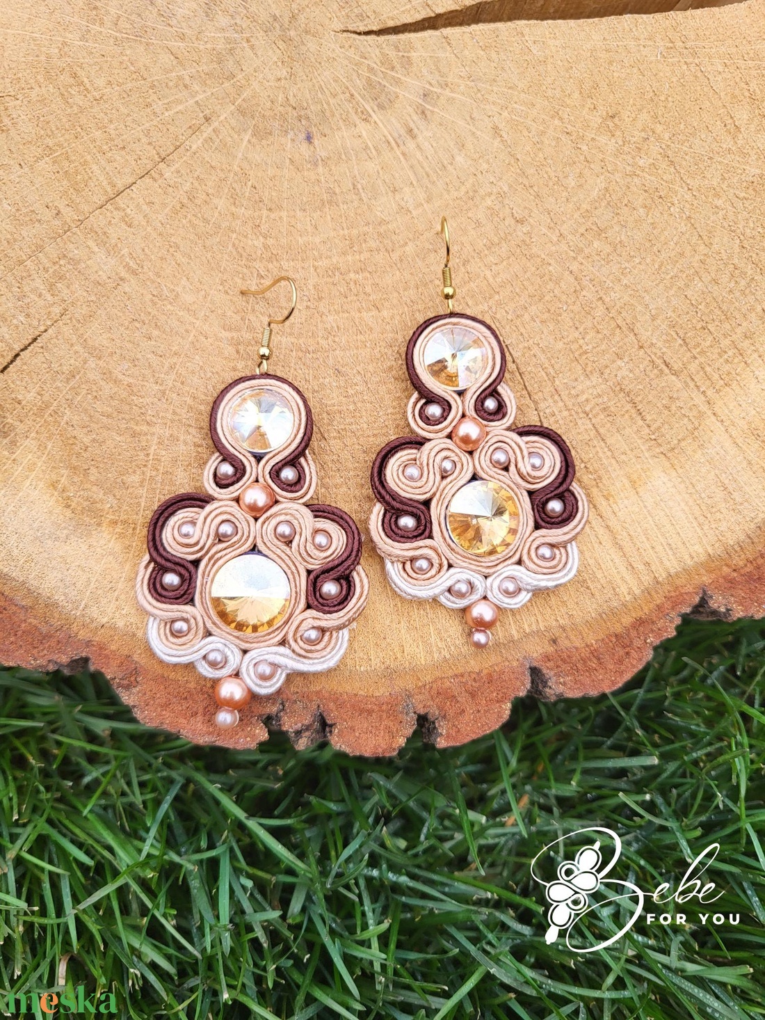 Cappuchino kézműves sujtás fülbevaló - ékszer - fülbevaló - lógó fülbevaló - Meska.hu