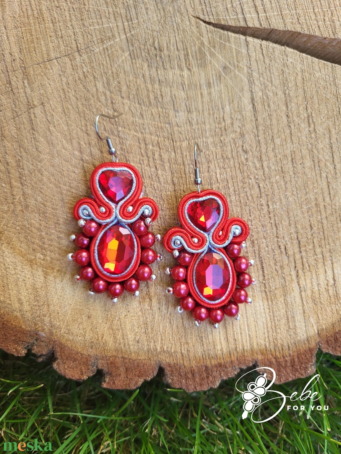 Hearts piros kézműves sujtás fülbevaló - ékszer - fülbevaló - lógó fülbevaló - Meska.hu