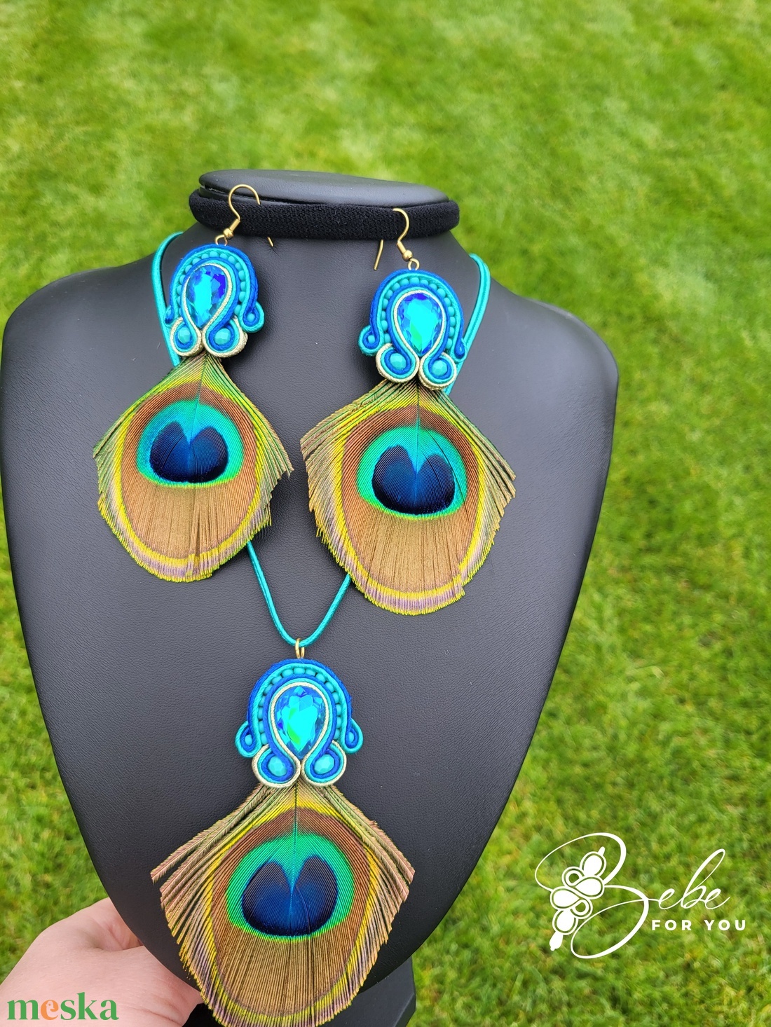 Pávatoll kézműves sujtás ékszerszett - ékszer - fülbevaló - lógó fülbevaló - Meska.hu