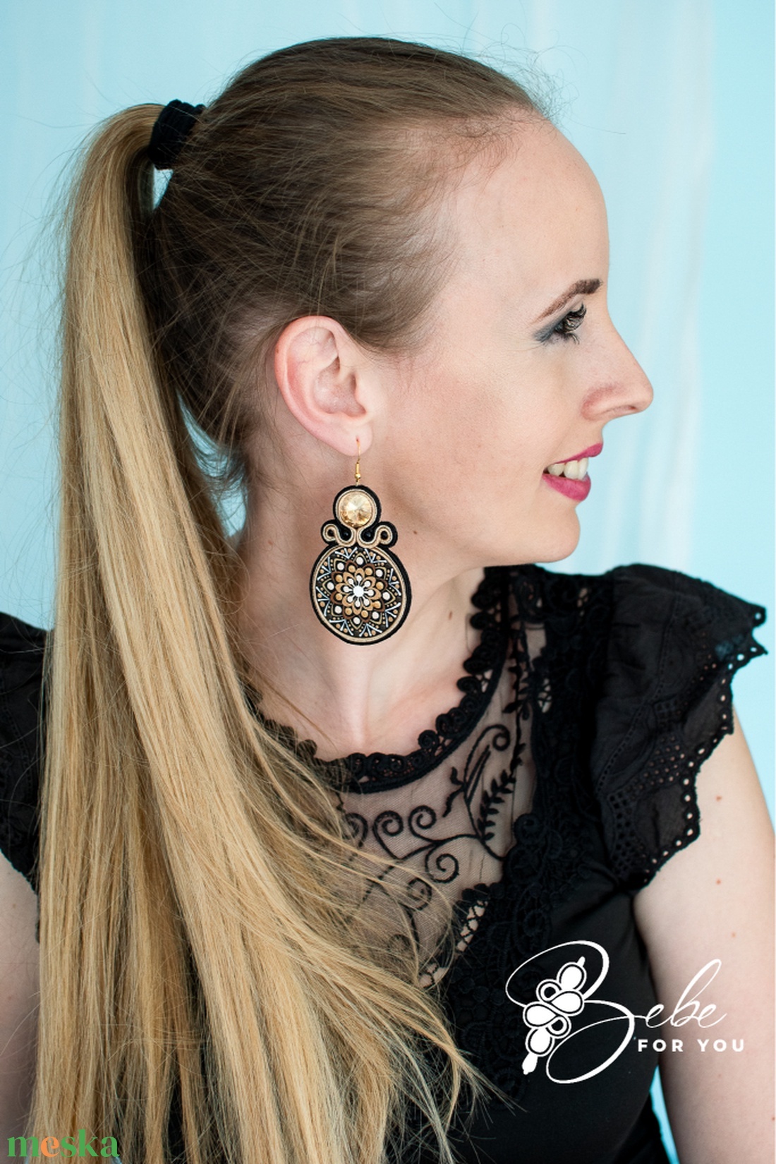 Tündérvirág bézs-fekete kézzel festett mandalás kézműves sujtás fülbevaló és karkötő szett - ékszer - ékszerszett - Meska.hu