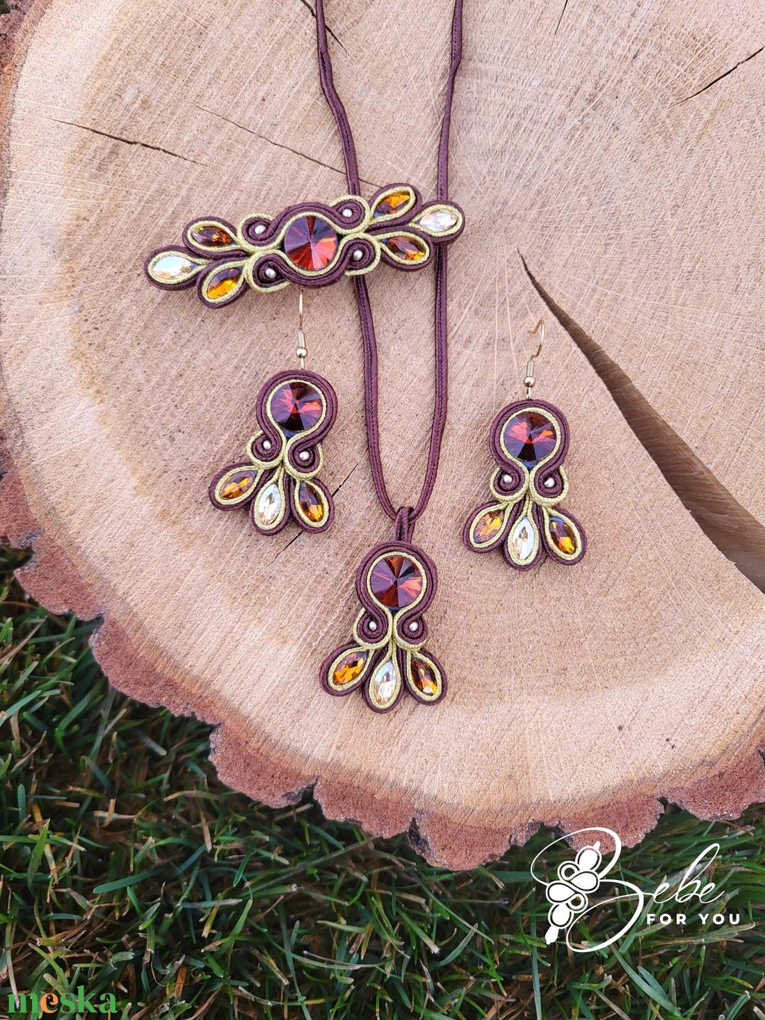 Aranyfahéj elegancia kézműves sujtás fülbevaló, nyaklánc és francia csat szett - ékszer - ékszerszett - Meska.hu