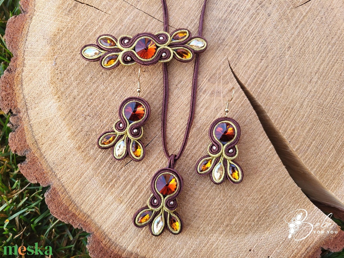 Aranyfahéj elegancia kézműves sujtás fülbevaló, nyaklánc és francia csat szett - ékszer - ékszerszett - Meska.hu