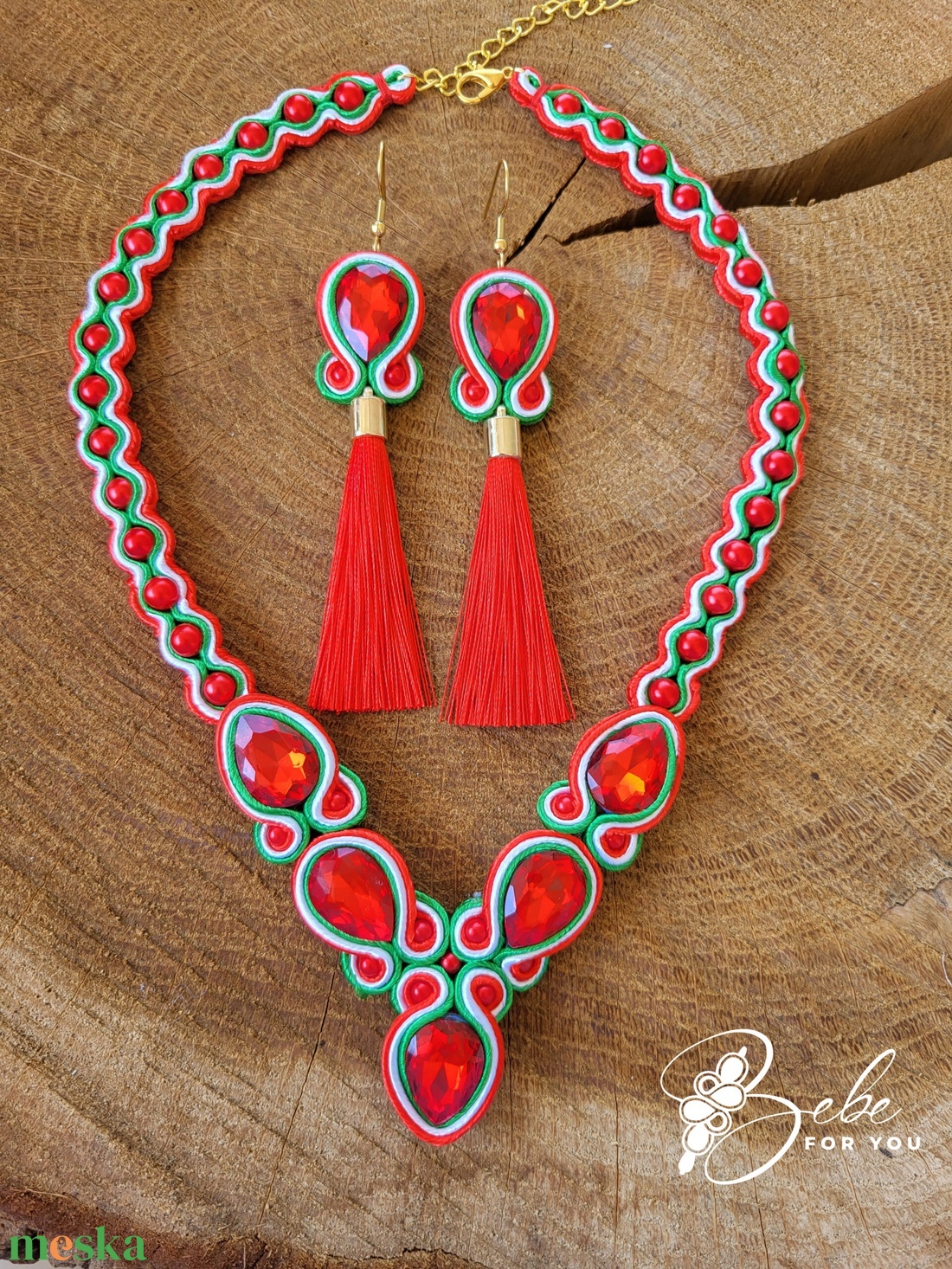 Magyaros, nemzetiszín kézműves sujtás fülbevaló és nyaklánc szett - ékszer - ékszerszett - Meska.hu