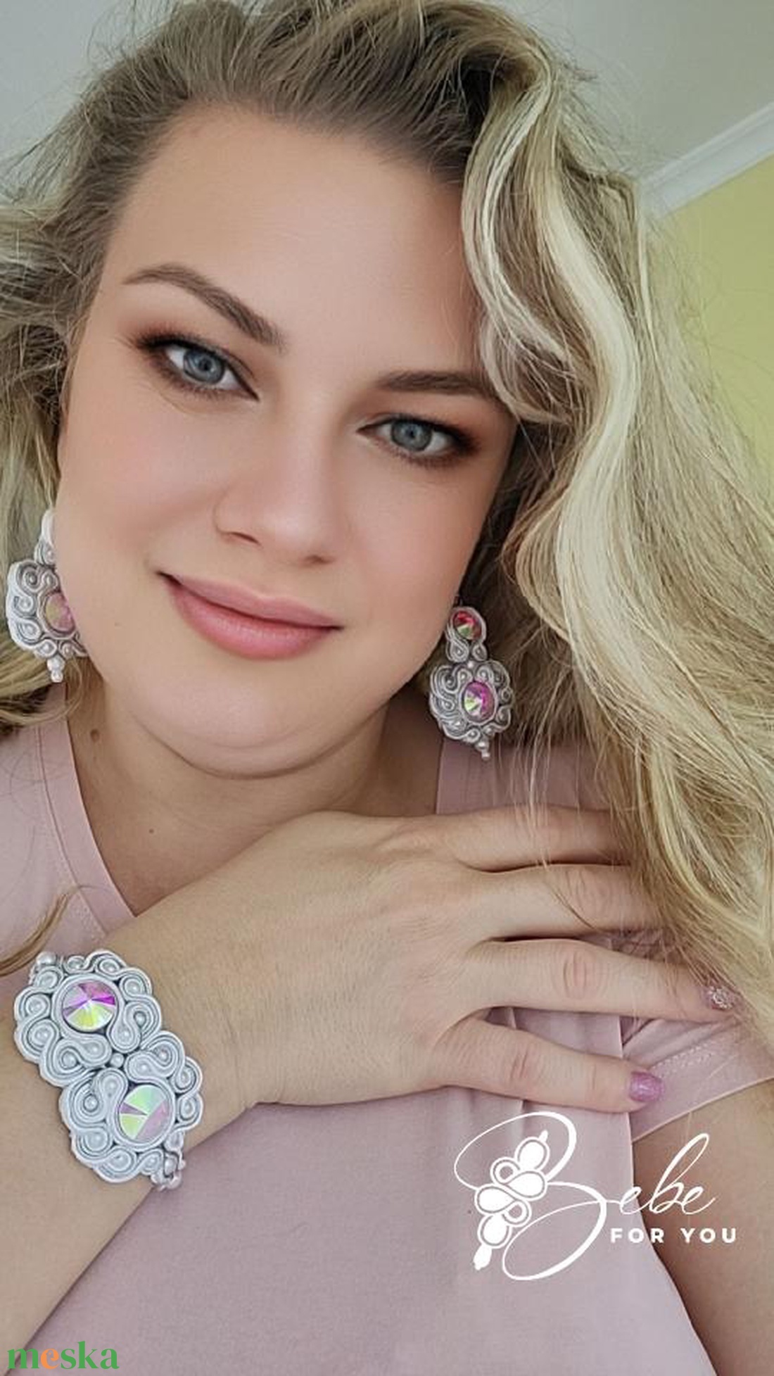 Habcsók hófehér-ezüst kézműves sujtás ékszerszett fülbevaló és karkötő - ékszer - ékszerszett - Meska.hu