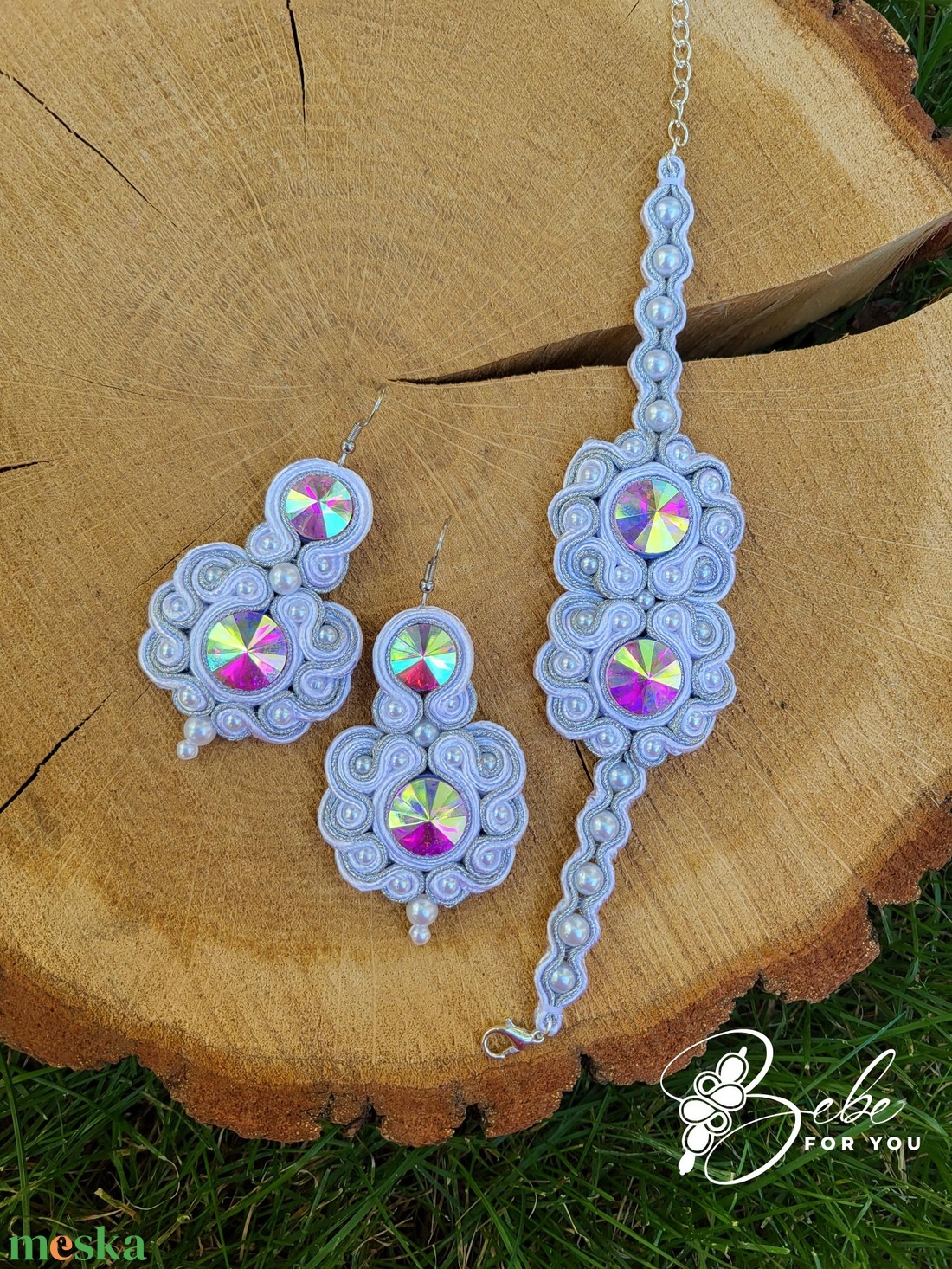 Habcsók hófehér-ezüst kézműves sujtás ékszerszett fülbevaló és karkötő - ékszer - ékszerszett - Meska.hu