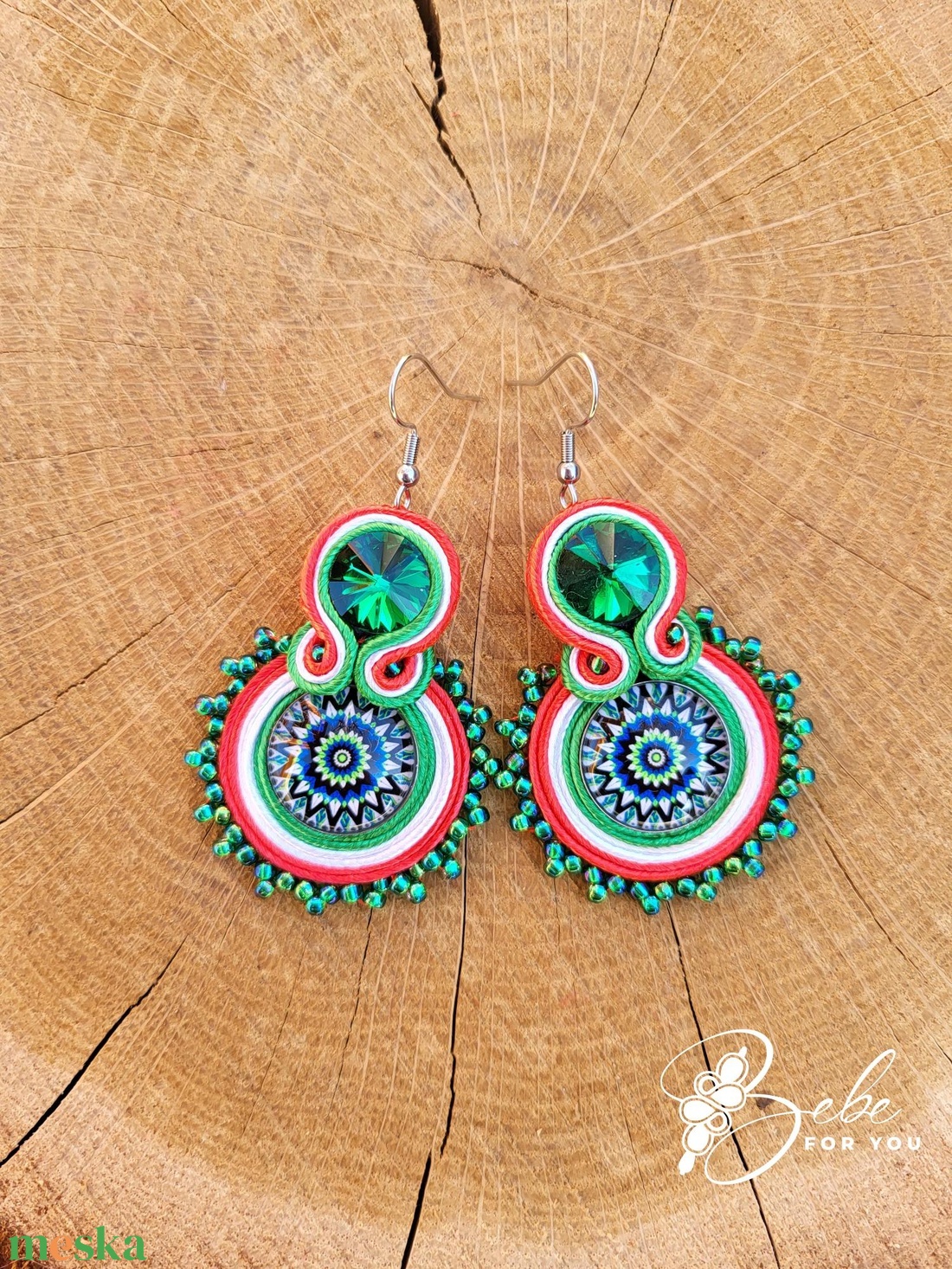 Nemzetiszín mandala gyöngycsipkézett kézműves sujtás fülbevaló - ékszer - ékszerszett - Meska.hu