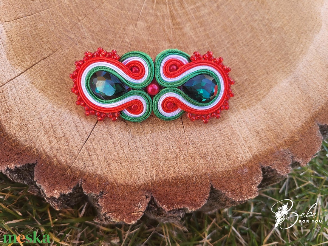 Nemzetiszín kézműves sujtás hajdísz francia csaton - ékszer - fülbevaló - lógó fülbevaló - Meska.hu