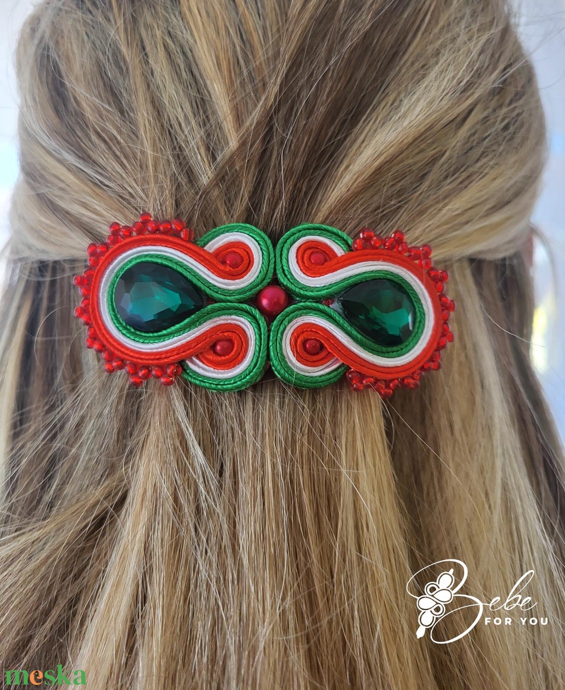 Nemzetiszín kézműves sujtás hajdísz francia csaton - ékszer - fülbevaló - lógó fülbevaló - Meska.hu