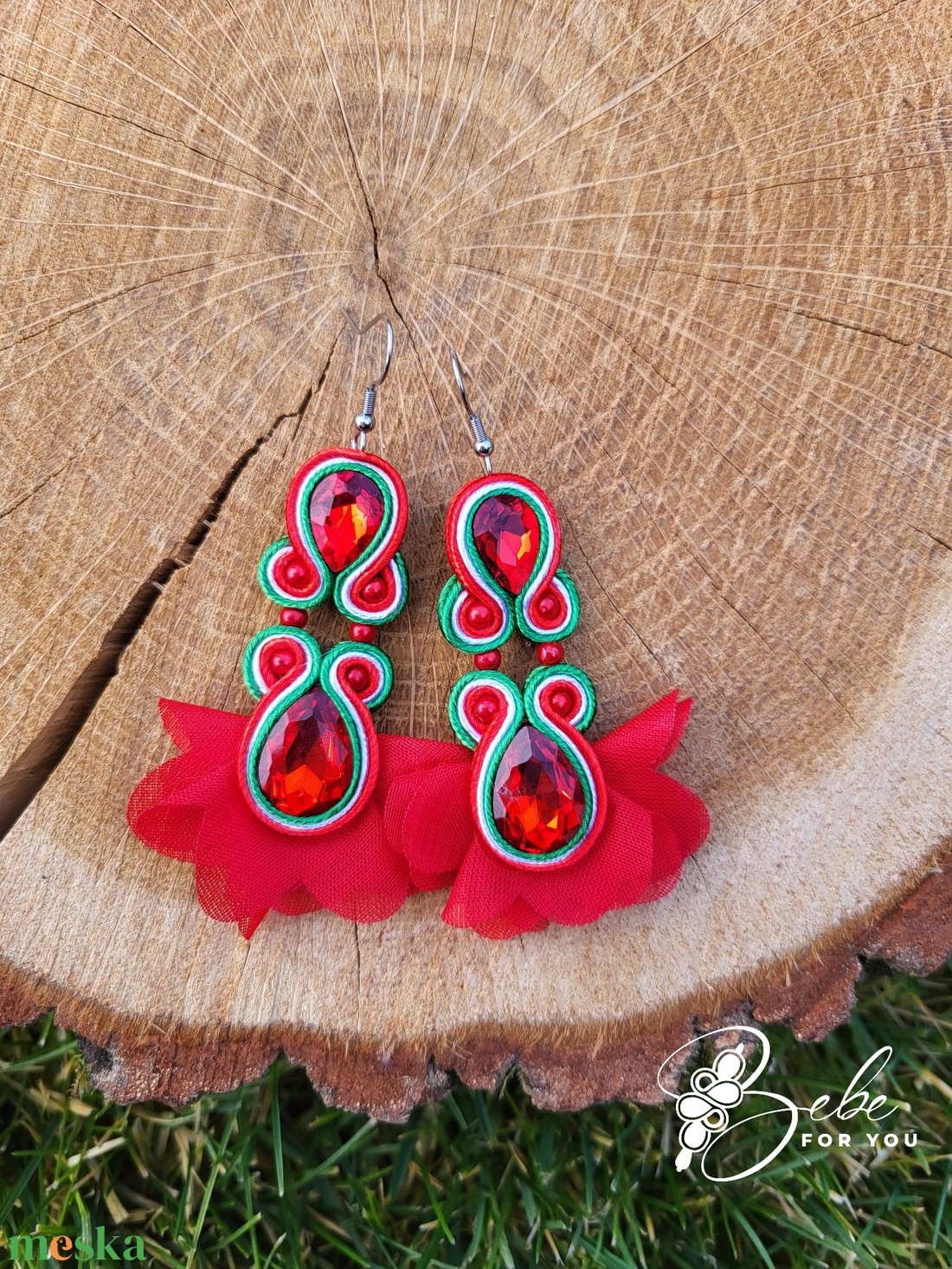 Dupla köves virág nemzetiszín kézműves sujtás fülbevaló - ékszer - fülbevaló - lógó fülbevaló - Meska.hu