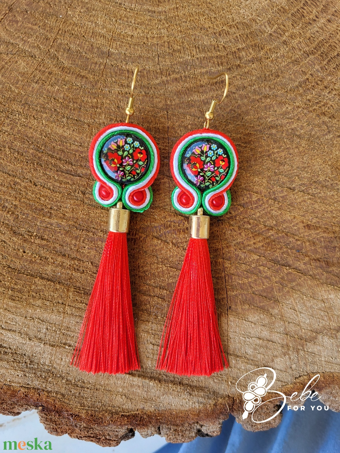 Matyó bojtos nemzetiszín kézműves sujtás fülbevaló - ékszer - fülbevaló - lógó fülbevaló - Meska.hu