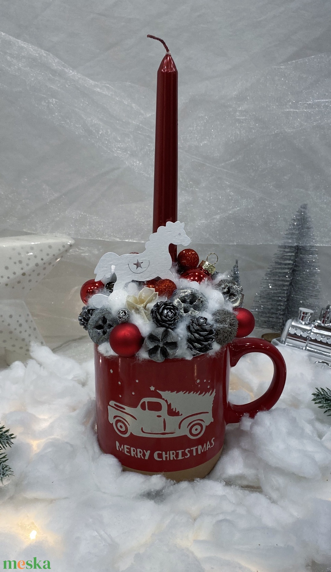 Piros bögrés dísz - karácsony - adventi díszek - adventi asztaldísz - Meska.hu