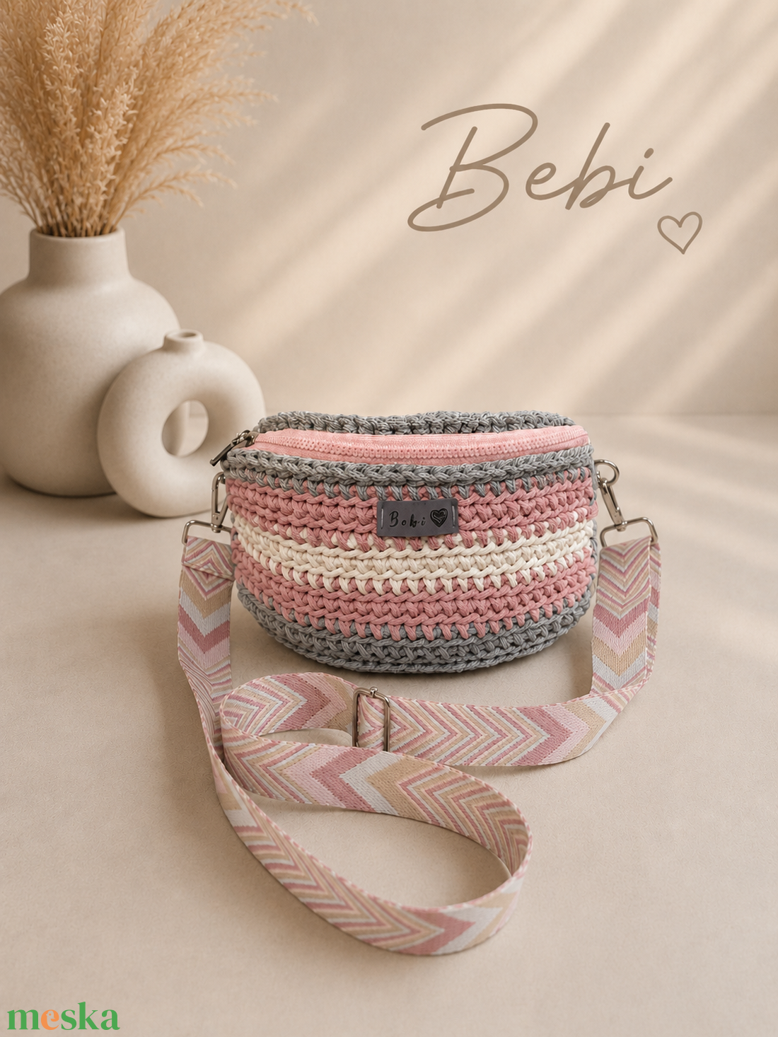Pasztell rózsaszín horgolt oldaltáska � kézzel készített crossbody övtáska - Bebi táska - táska & tok - övtáska - Meska.hu