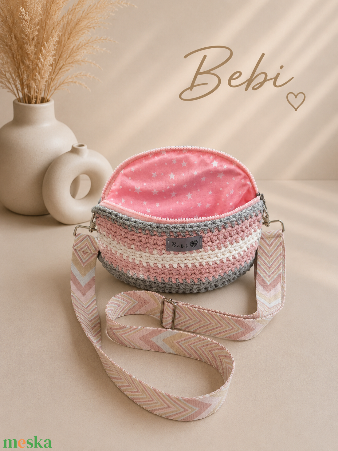 Pasztell rózsaszín horgolt oldaltáska � kézzel készített crossbody övtáska - Bebi táska - táska & tok - övtáska - Meska.hu