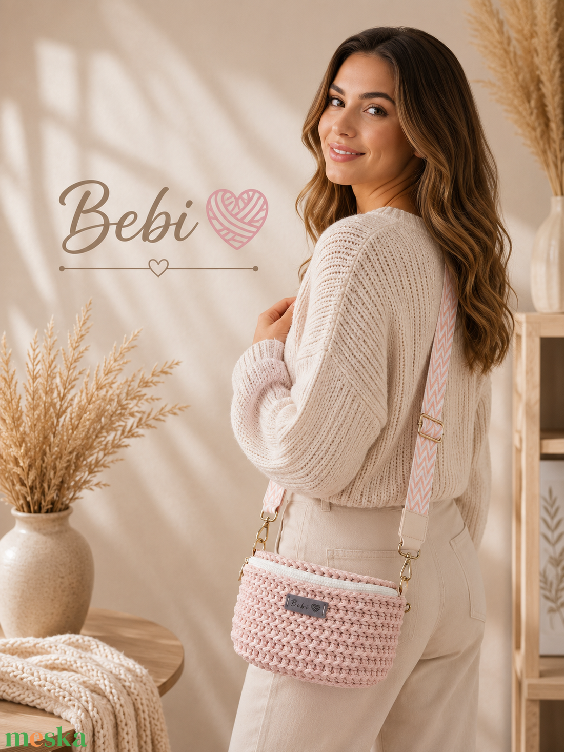 Barackszínű kézzel horgolt keresztpántos női táska, crossbody övtáska � bélelt, cipzáras - táska & tok - kézitáska & válltáska - vállon átvethető táska - Meska.hu