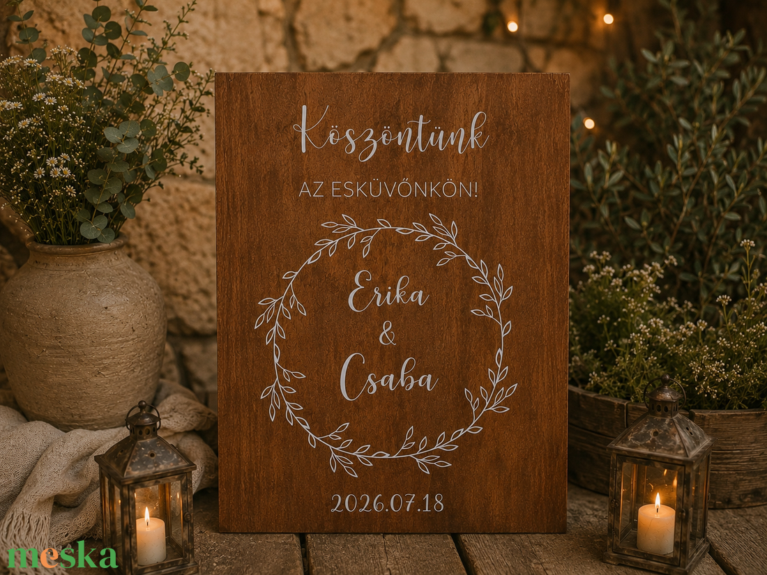 Esküvői köszöntő tábla koszorú mintával - esküvő - dekoráció - tábla & jelzés - Meska.hu